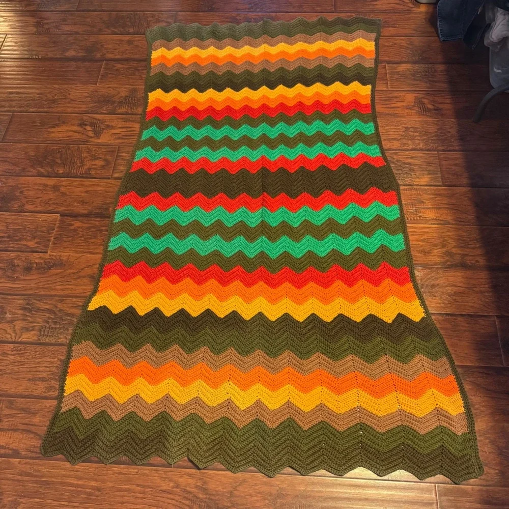 Vtg Handmade Crochet Afghan Blanket Zigzag Chevron Multi-Color 39x74 70s Boho